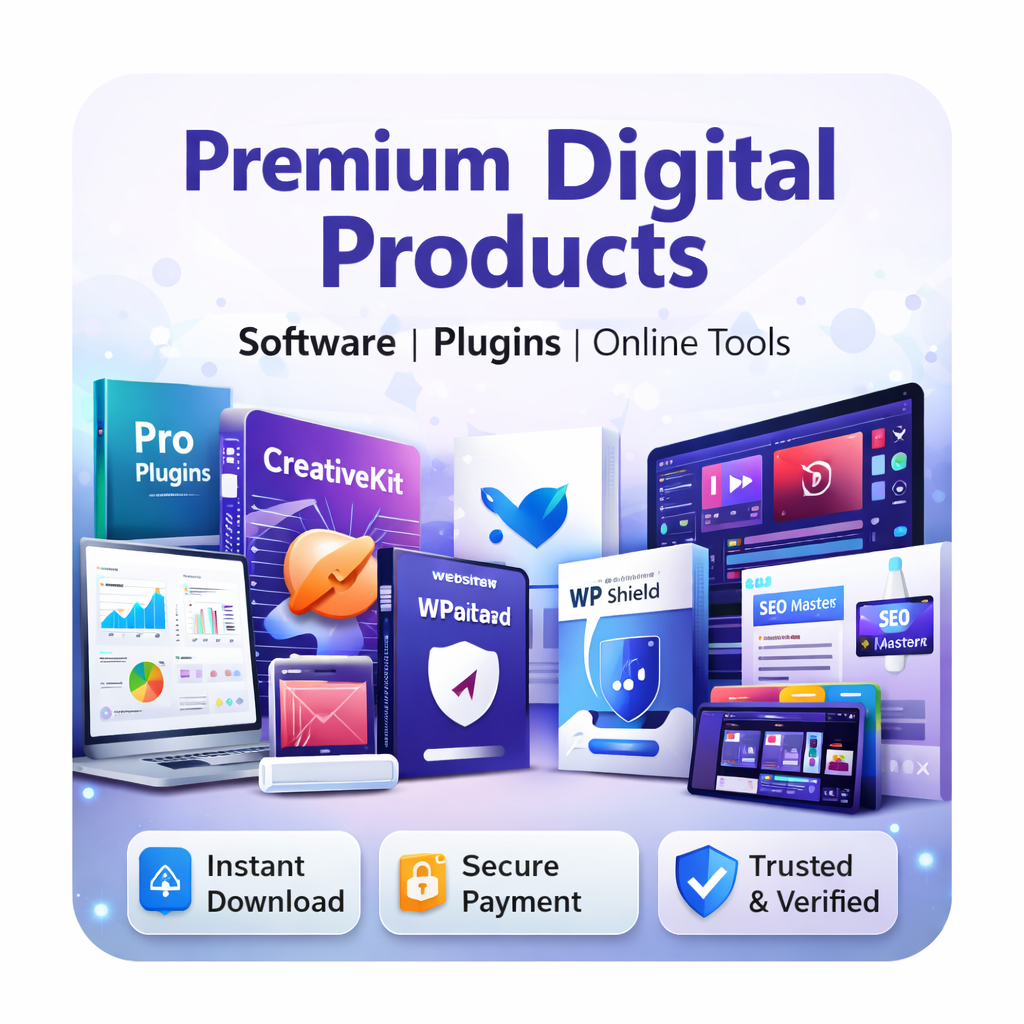 Premium digital products marketplace featuring software, WordPress plugins, themes, and online tools with instant download and secure payment.