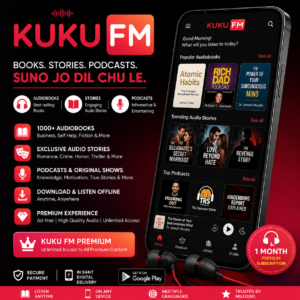 Kuku FM Premium 1 Month Subscription promotional banner featuring audiobooks, audio stories, podcasts and premium listening experience.