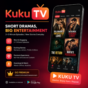 Kuku TV promotional banner featuring short drama episodes, romance, action, thriller and premium entertainment streaming app.