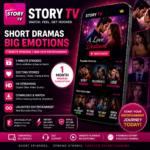 Story TV Premium 1 Month Subscription promotional banner featuring short drama episodes, romance, thriller and premium streaming access.